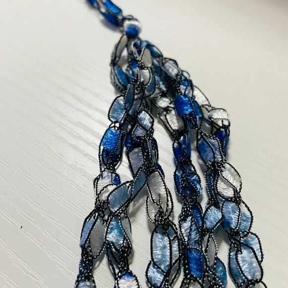 Blue Multi Strand Ribbon Necklace Lightweight Boho Collar - Picture 3 of 6